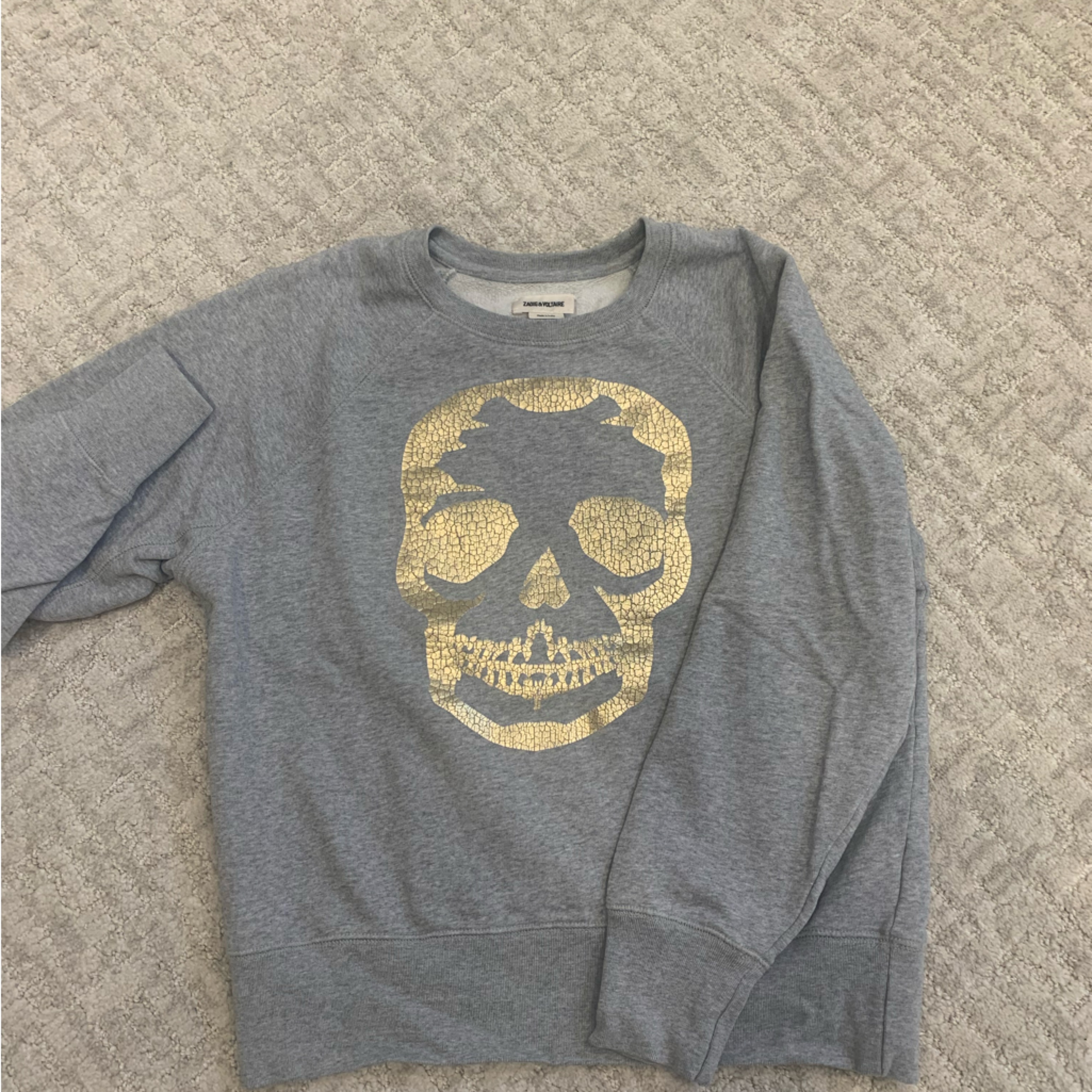 Zadig & Voltaire Light Grey With Gold Metallic Skull Sweatshirt.